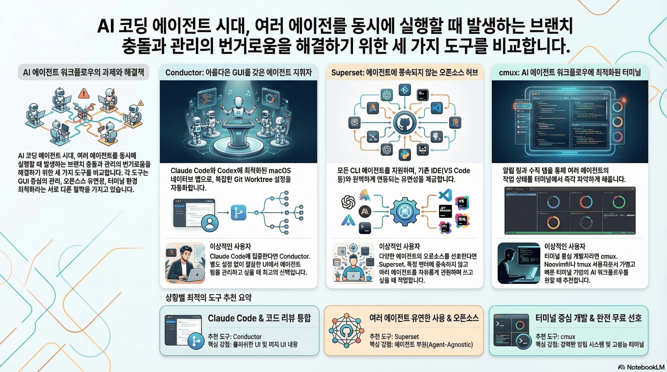 Conductor vs Superset vs cmux — AI 에이전트 워크플로우 툴 비교